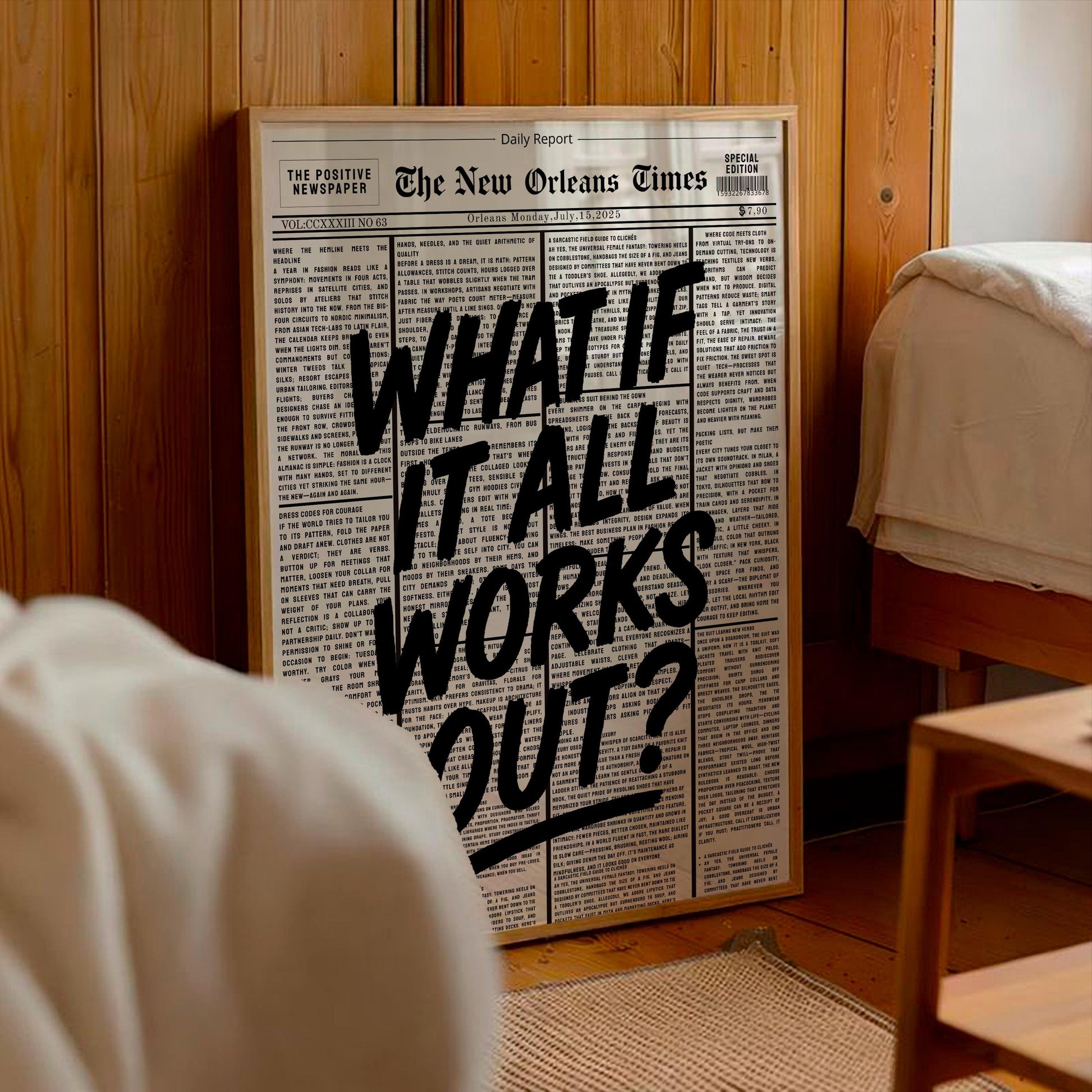 Retro What If It All Works Out newspaper print, bold typography poster, trendy motivational wall art, inspirational home decor