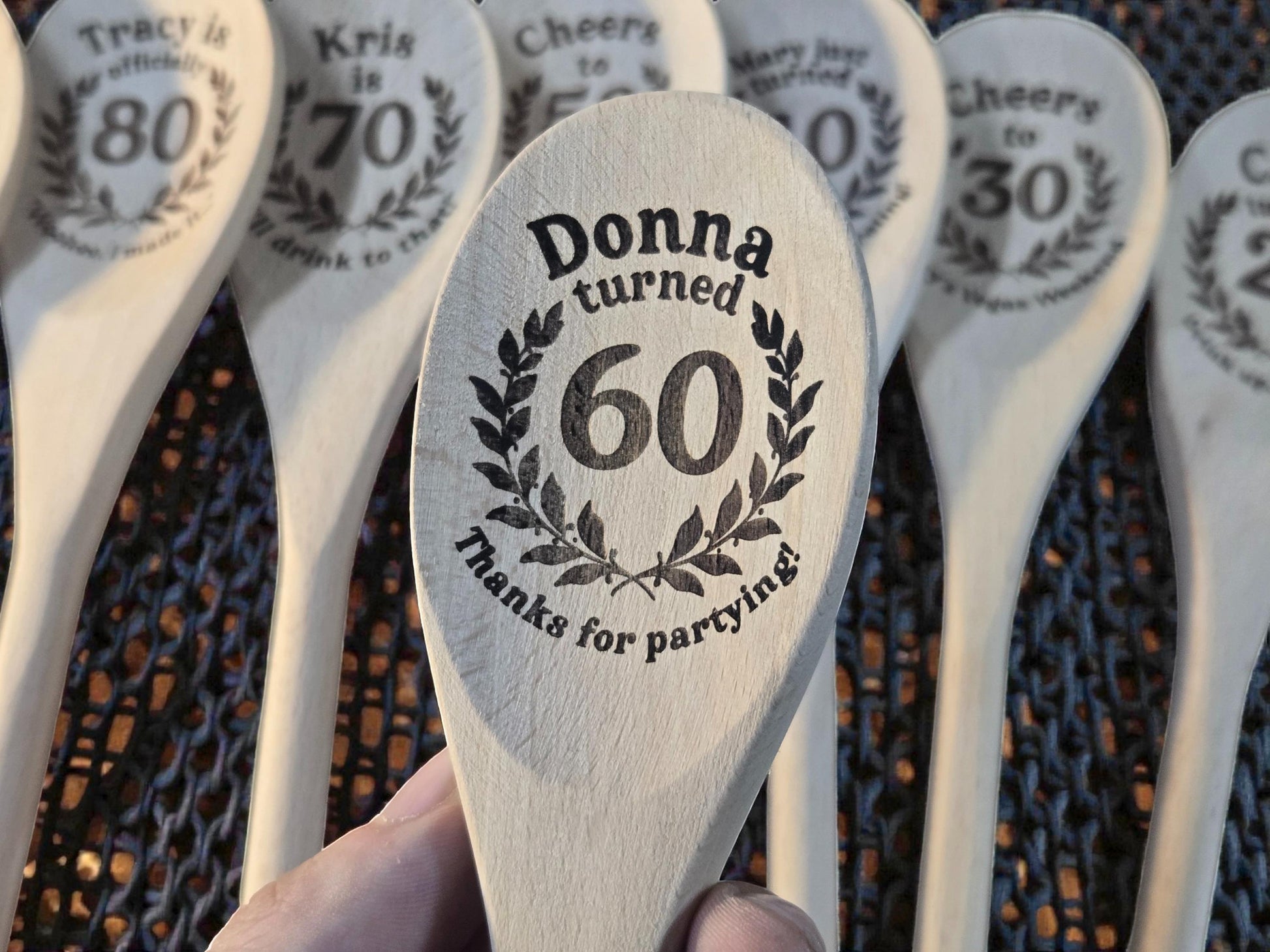 60th Birthday Party Favors, Custom Engraved 12-Inch Beechwood Mixing Spoon, Bulk Birth Day Keepsakes, Personalized Party Gifts