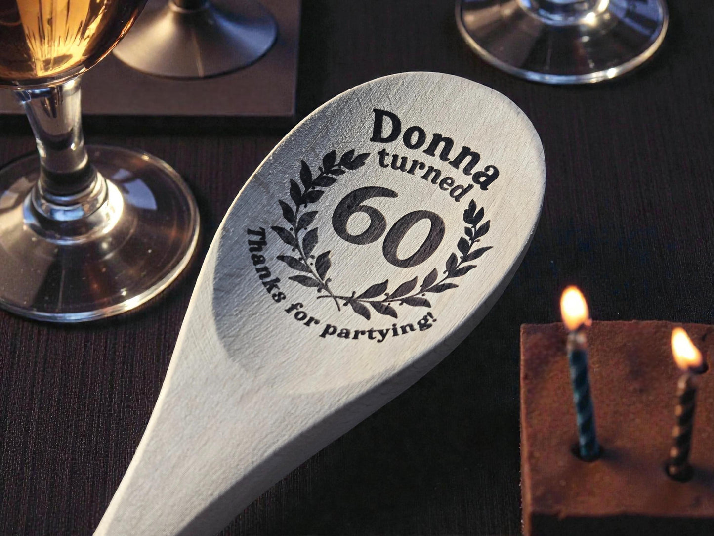 60th Birthday Party Favors, Custom Engraved 12-Inch Beechwood Mixing Spoon, Bulk Birth Day Keepsakes, Personalized Party Gifts