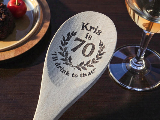 70th Birthday Party Favors, Custom Engraved 12-Inch Beechwood Mixing Spoon, Bulk Birth Day Keepsakes, Personalized Party Gifts