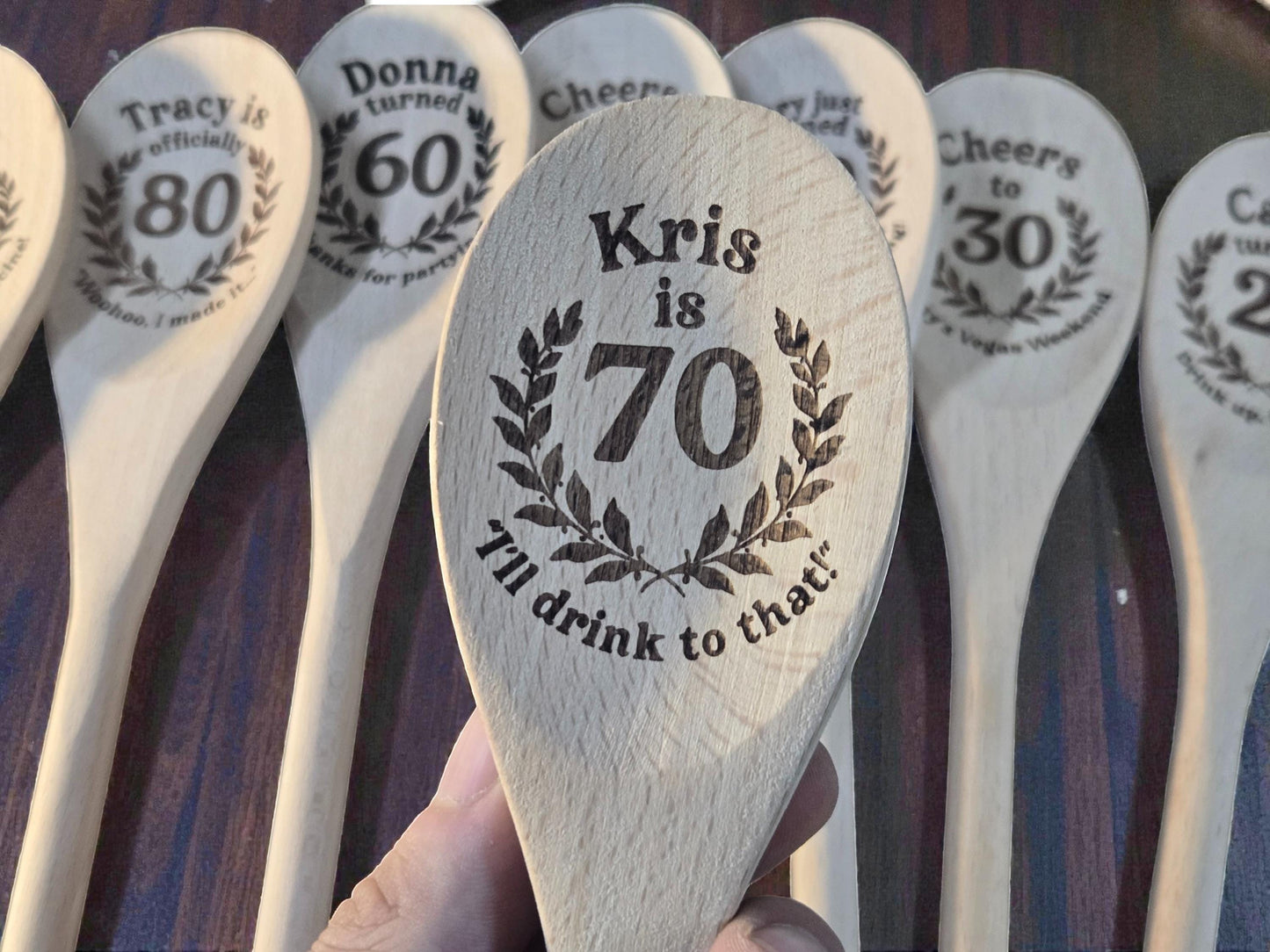 70th Birthday Party Favors, Custom Engraved 12-Inch Beechwood Mixing Spoon, Bulk Birth Day Keepsakes, Personalized Party Gifts