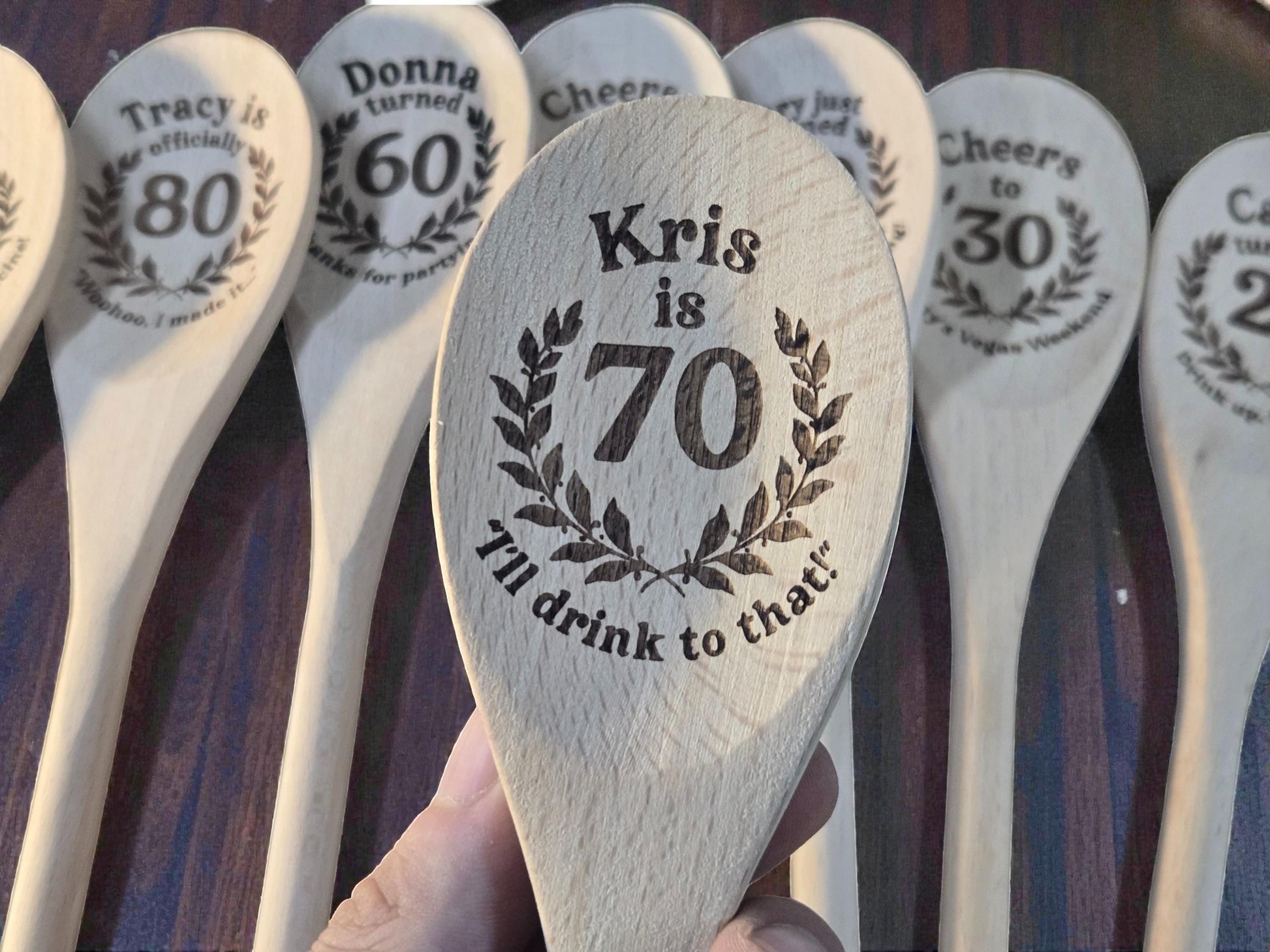 70th Birthday Party Favors, Custom Engraved 12-Inch Beechwood Mixing Spoon, Bulk Birth Day Keepsakes, Personalized Party Gifts