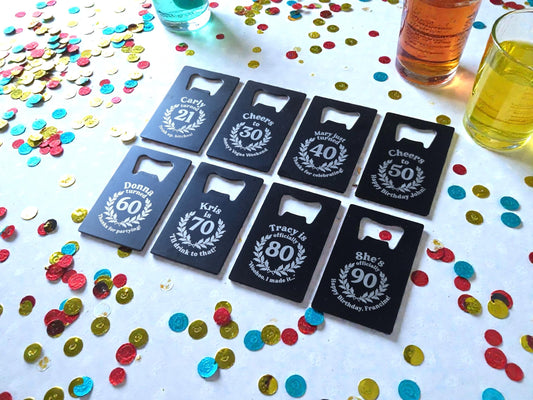 Milestone Birthday Party Favors, Custom Engraved Black Card Bottle Opener, Bulk Party Gift Keepsakes, Personalized Celebratory Gifts
