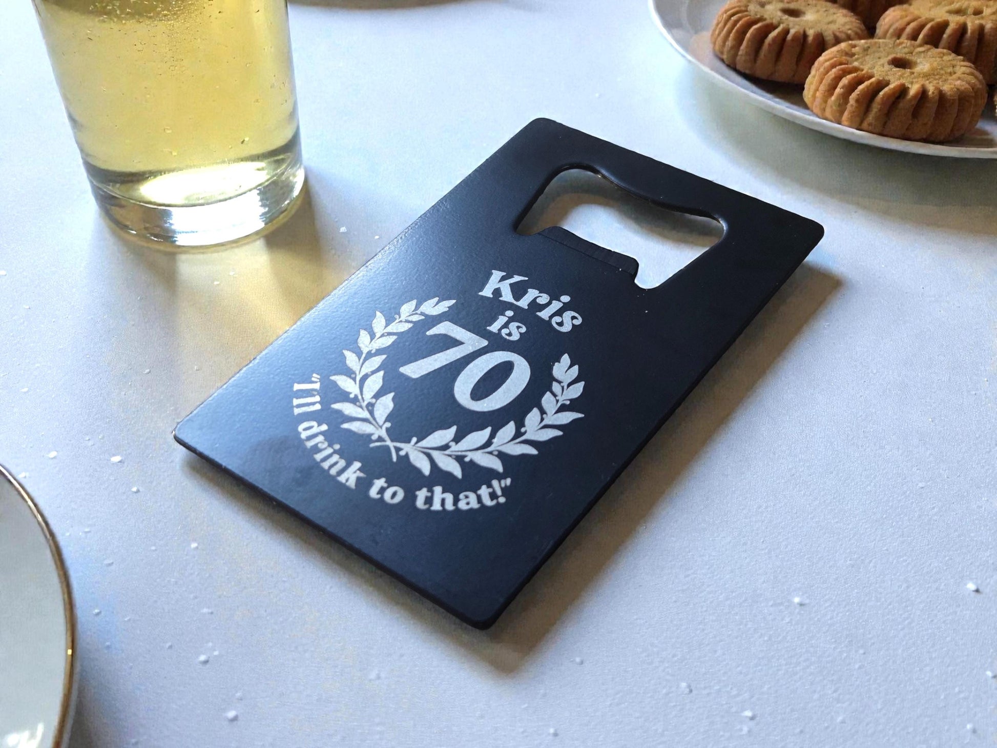 70th Birthday Party Favors, Custom Engraved Black Card Bottle Opener, Bulk Party Gift Keepsake, Personalized Celebratory Milestone Gifts