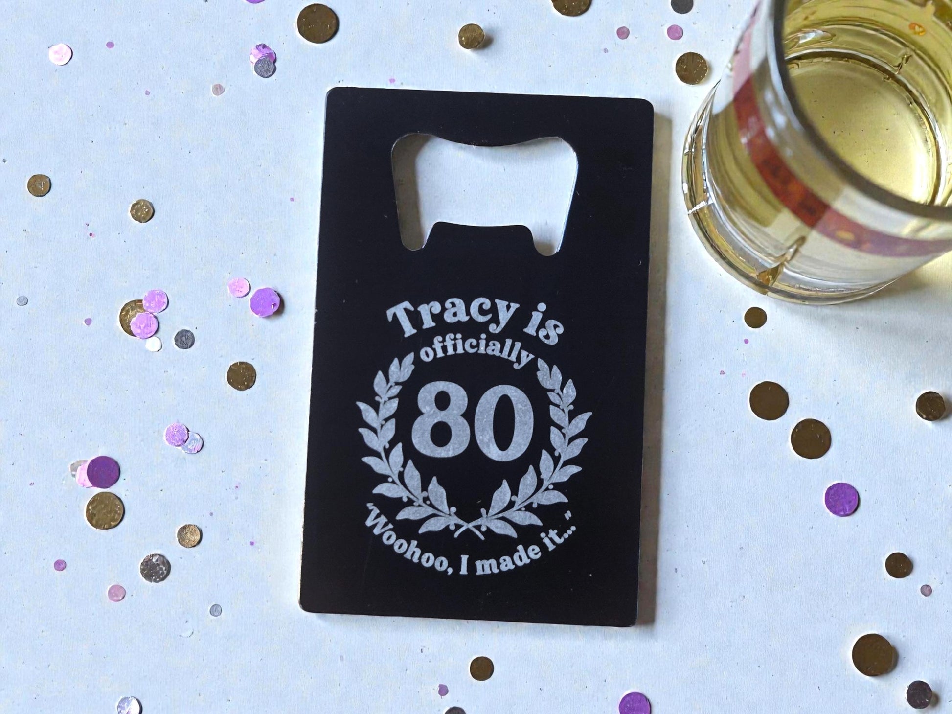 80th Birthday Party Favors, Custom Engraved Black Card Bottle Opener, Bulk Party Gift Keepsakes, Personalized Celebratory Milestone Gifts