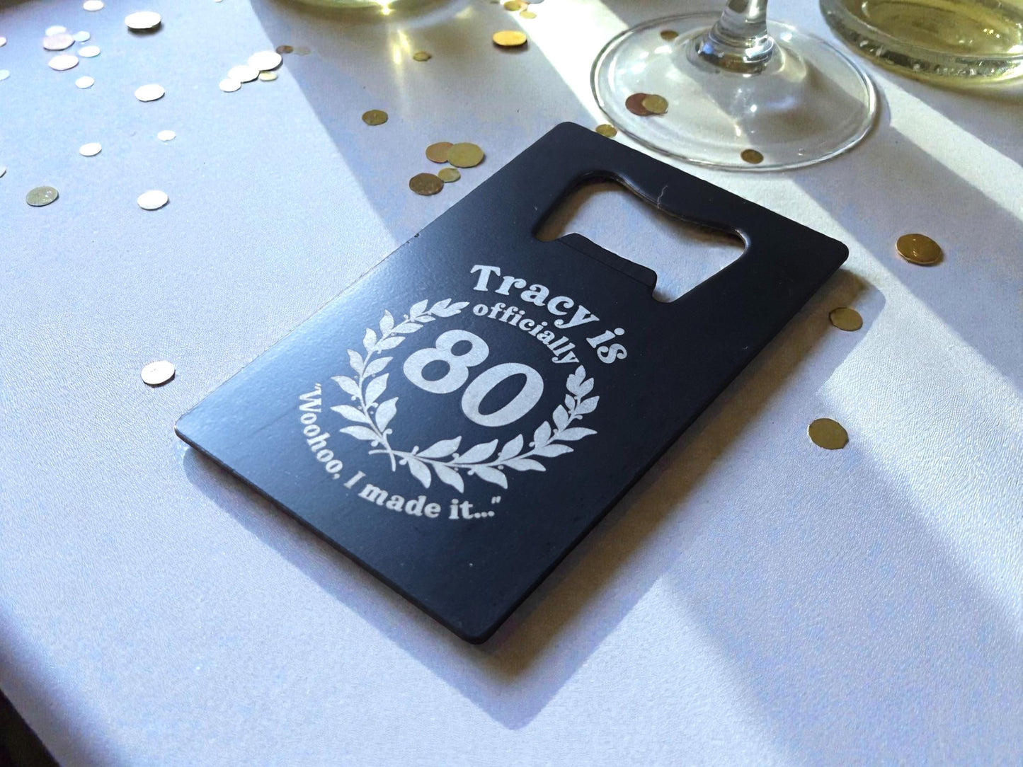 80th Birthday Party Favors, Custom Engraved Black Card Bottle Opener, Bulk Party Gift Keepsakes, Personalized Celebratory Milestone Gifts