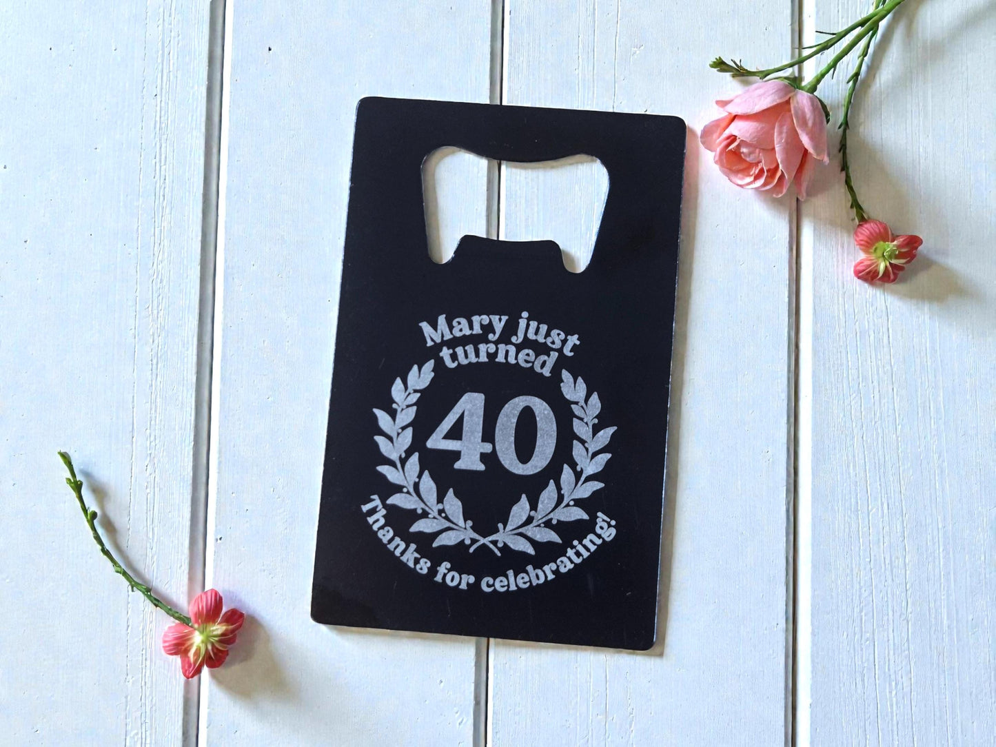 40th Birthday Magnet Party Favors, Custom Engraved Magnetic Black Card Bottle Opener, Bulk Party Gift Keepsake, Personalized Milestone Gifts
