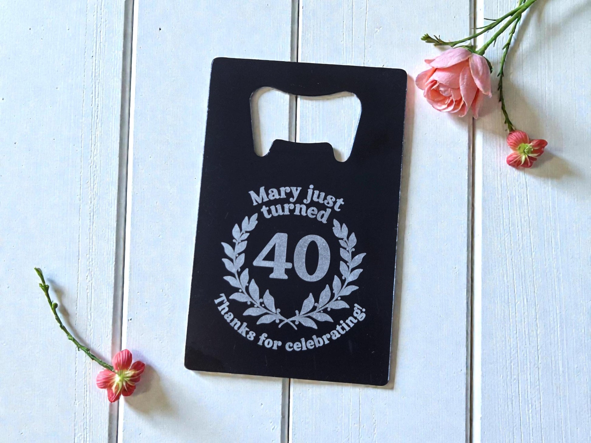 40th Birthday Magnet Party Favors, Custom Engraved Magnetic Black Card Bottle Opener, Bulk Party Gift Keepsake, Personalized Milestone Gifts