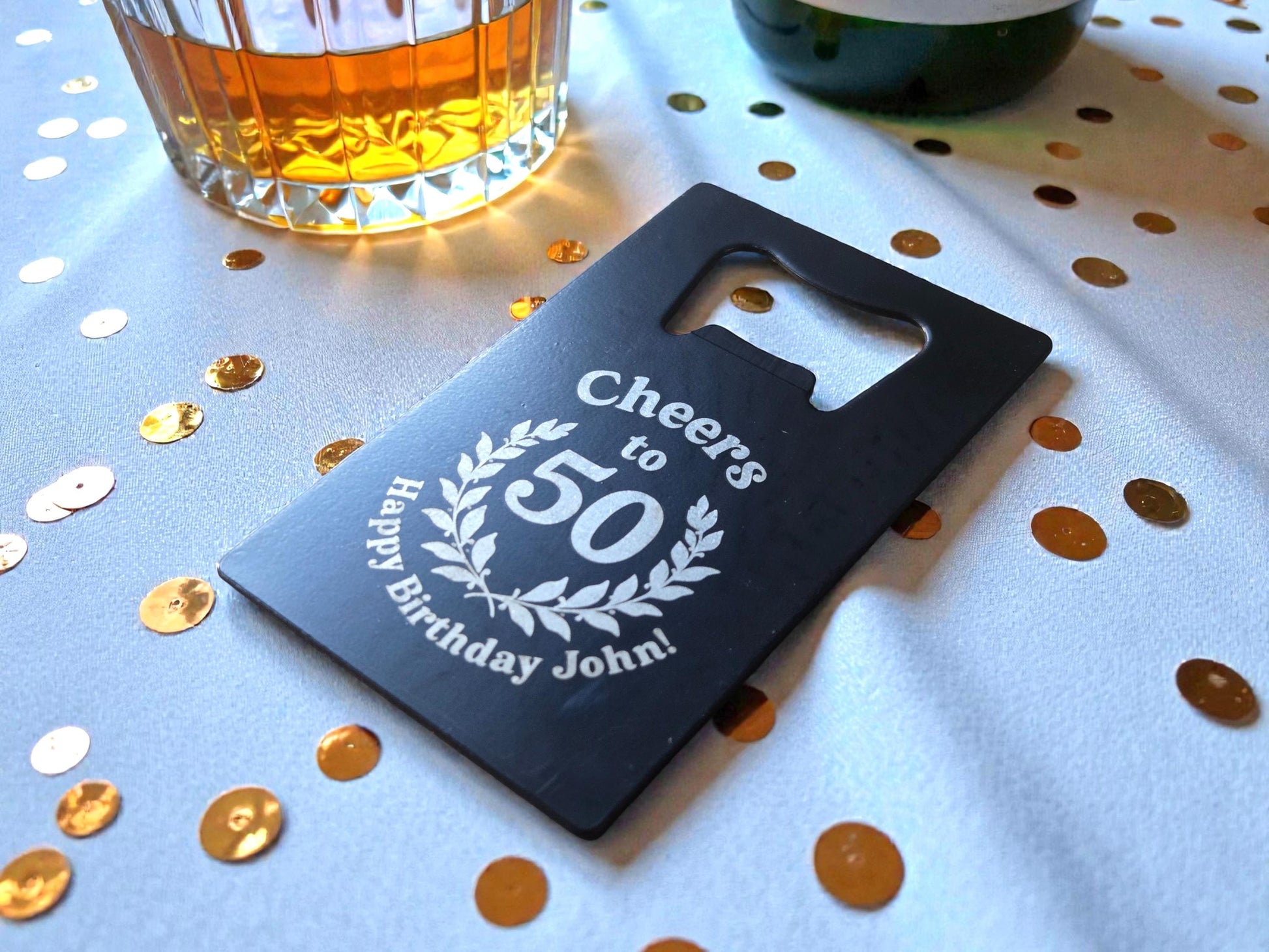 50th Birthday Magnet Party Favors, Custom Engraved Magnetic Black Card Bottle Opener, Bulk Party Gift Keepsake, Personalized Milestone Gifts