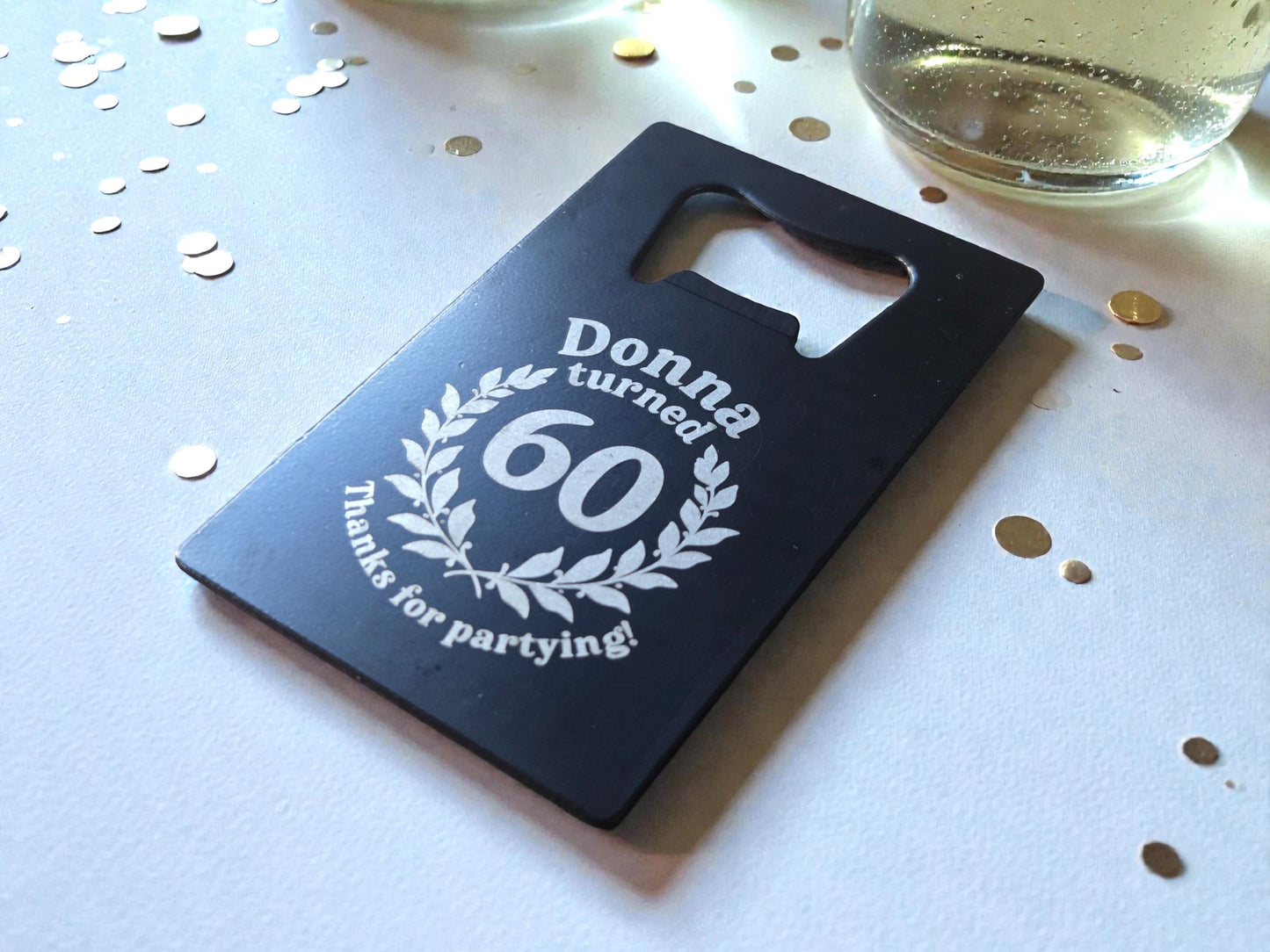 60th Birthday Magnet Party Favors, Custom Engraved Magnetic Black Card Bottle Opener, Bulk Party Gift Keepsake, Personalized Milestone Gifts