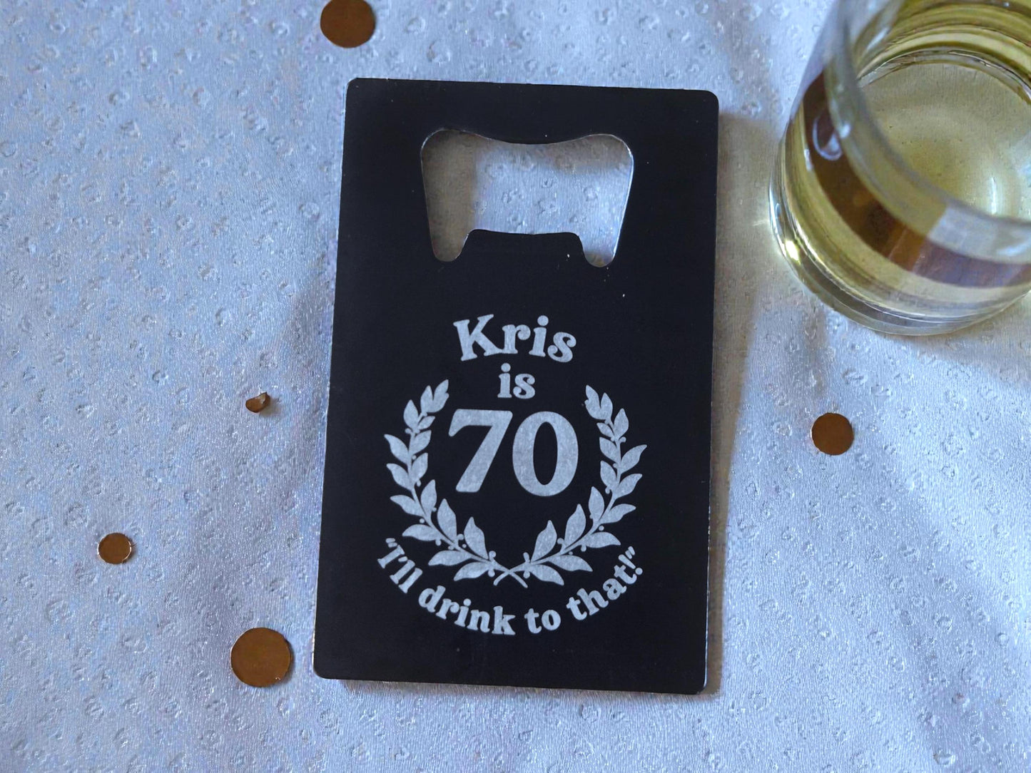 70th Birthday Magnet Party Favors, Custom Engraved Magnetic Black Card Bottle Opener, Bulk Party Gift Keepsake, Personalized Milestone Gifts