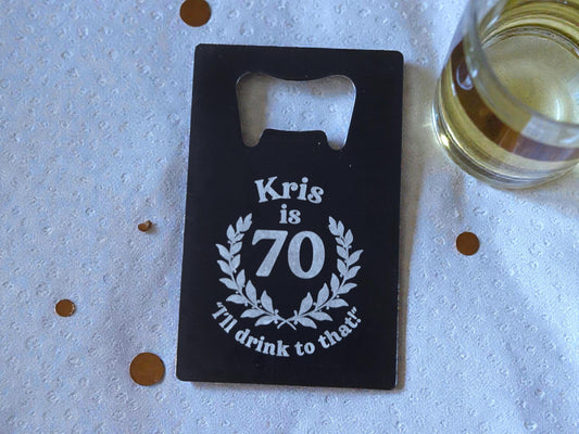 70th Birthday Magnet Party Favors, Custom Engraved Magnetic Black Card Bottle Opener, Bulk Party Gift Keepsake, Personalized Milestone Gifts