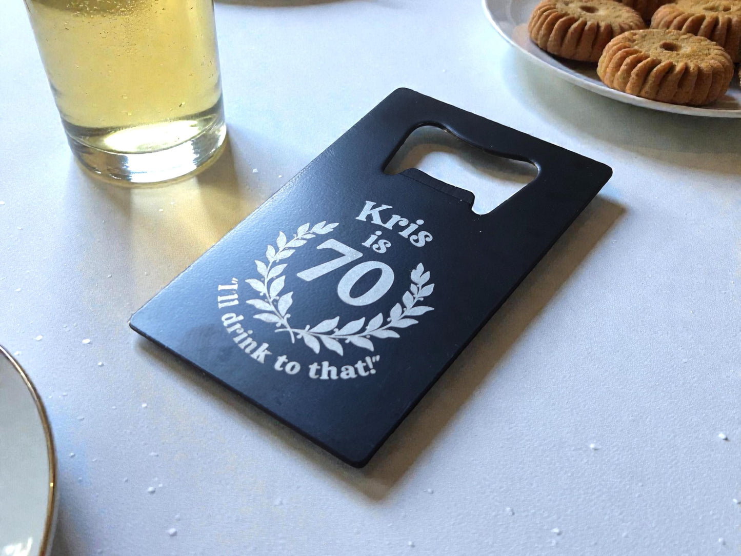 70th Birthday Magnet Party Favors, Custom Engraved Magnetic Black Card Bottle Opener, Bulk Party Gift Keepsake, Personalized Milestone Gifts