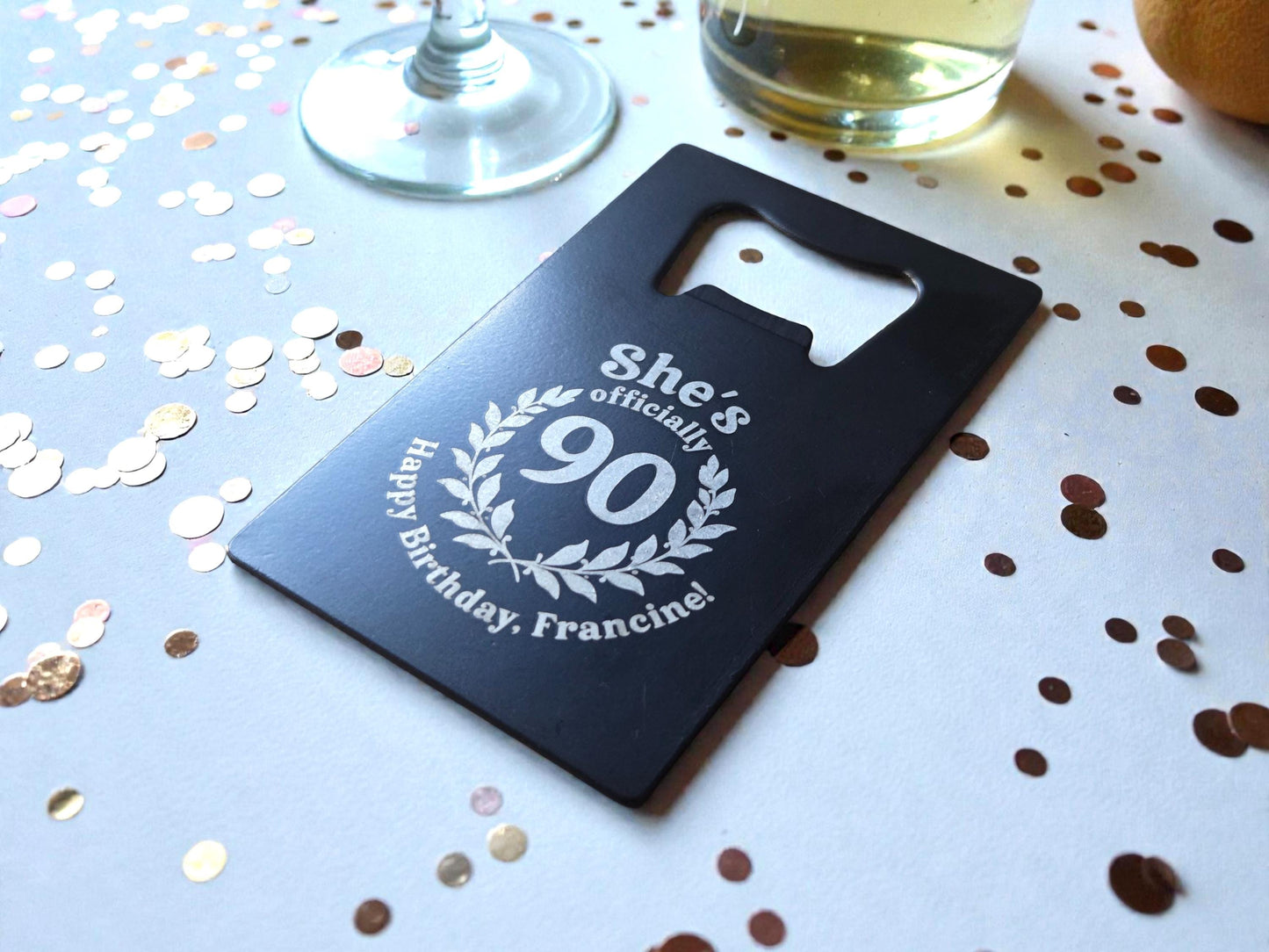 90th Birthday Magnet Party Favors, Custom Engraved Magnetic Black Card Bottle Opener, Bulk Party Gift Keepsake, Personalized Milestone Gifts