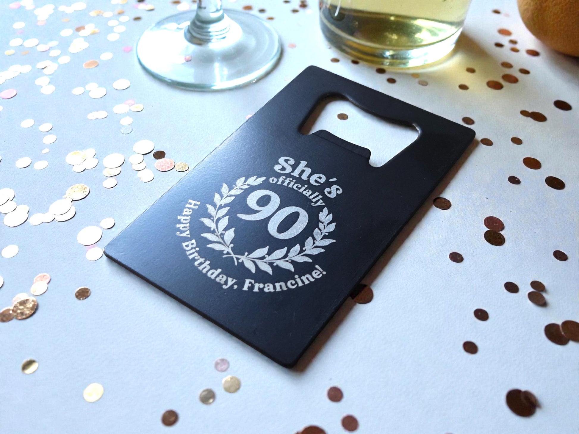 90th Birthday Magnet Party Favors, Custom Engraved Magnetic Black Card Bottle Opener, Bulk Party Gift Keepsake, Personalized Milestone Gifts