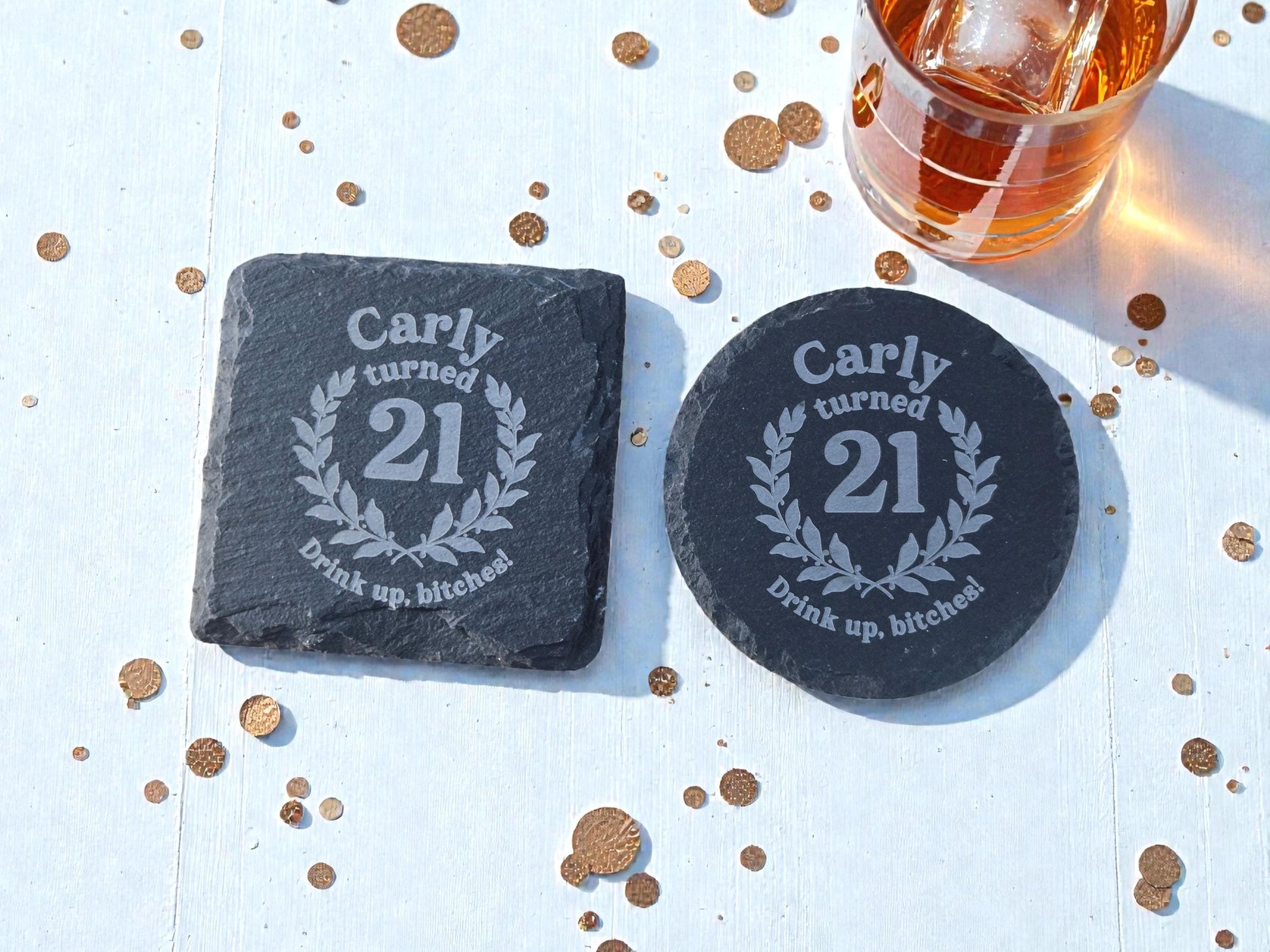 21st Birthday Party Favors, Custom Engraved Slate Coaster, Round Or Square, Bulk Celebratory Gift, Personalized Birth Day Party Gifts