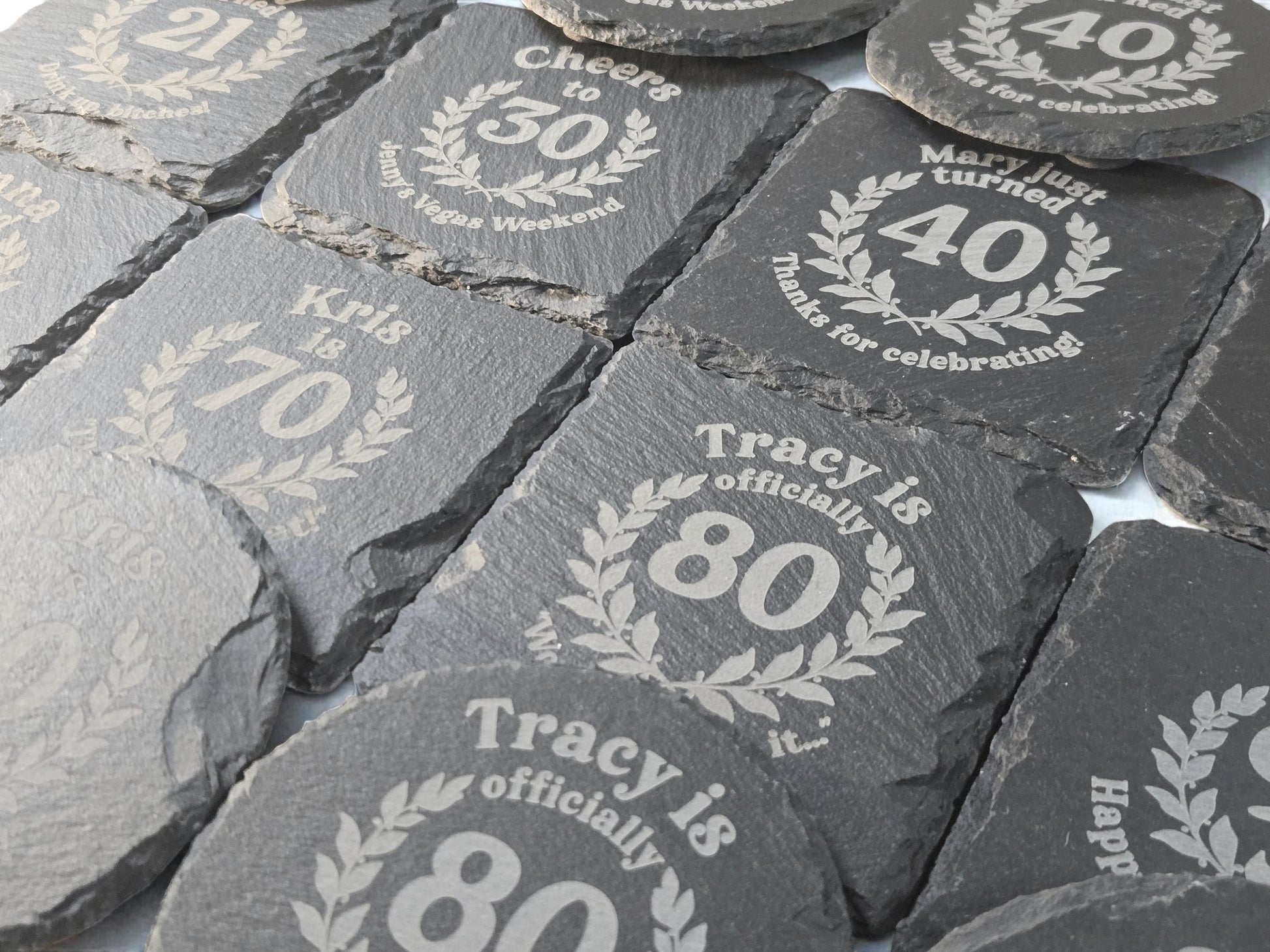 70th Birthday Party Favors, Custom Engraved Slate Coaster, Round Or Square, Bulk Celebratory Gift, Personalized Birth Day Party Gifts