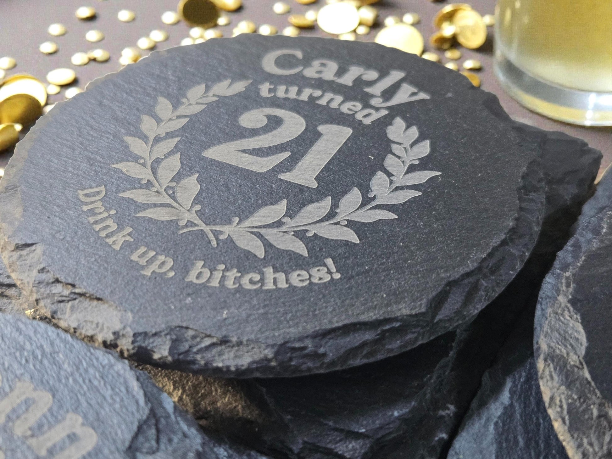 21st Birthday Party Favors, Custom Engraved Slate Coaster, Round Or Square, Bulk Celebratory Gift, Personalized Birth Day Party Gifts