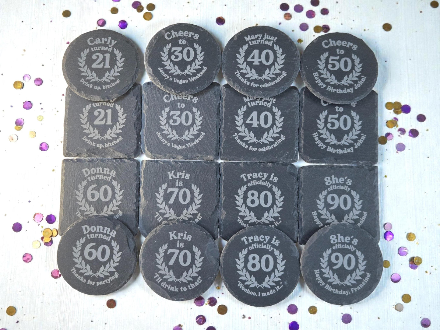 70th Birthday Party Favors, Custom Engraved Slate Coaster, Round Or Square, Bulk Celebratory Gift, Personalized Birth Day Party Gifts