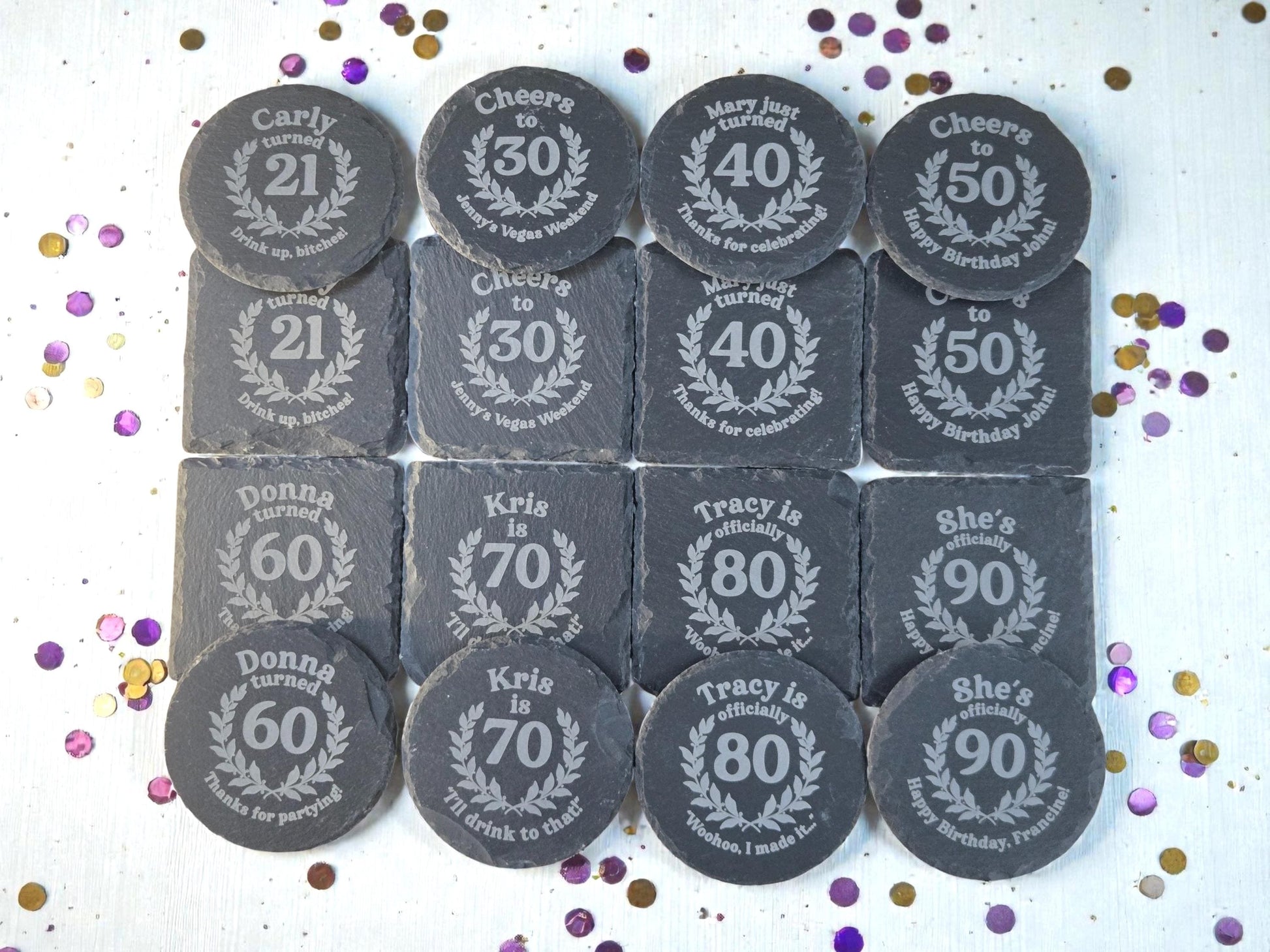 70th Birthday Party Favors, Custom Engraved Slate Coaster, Round Or Square, Bulk Celebratory Gift, Personalized Birth Day Party Gifts
