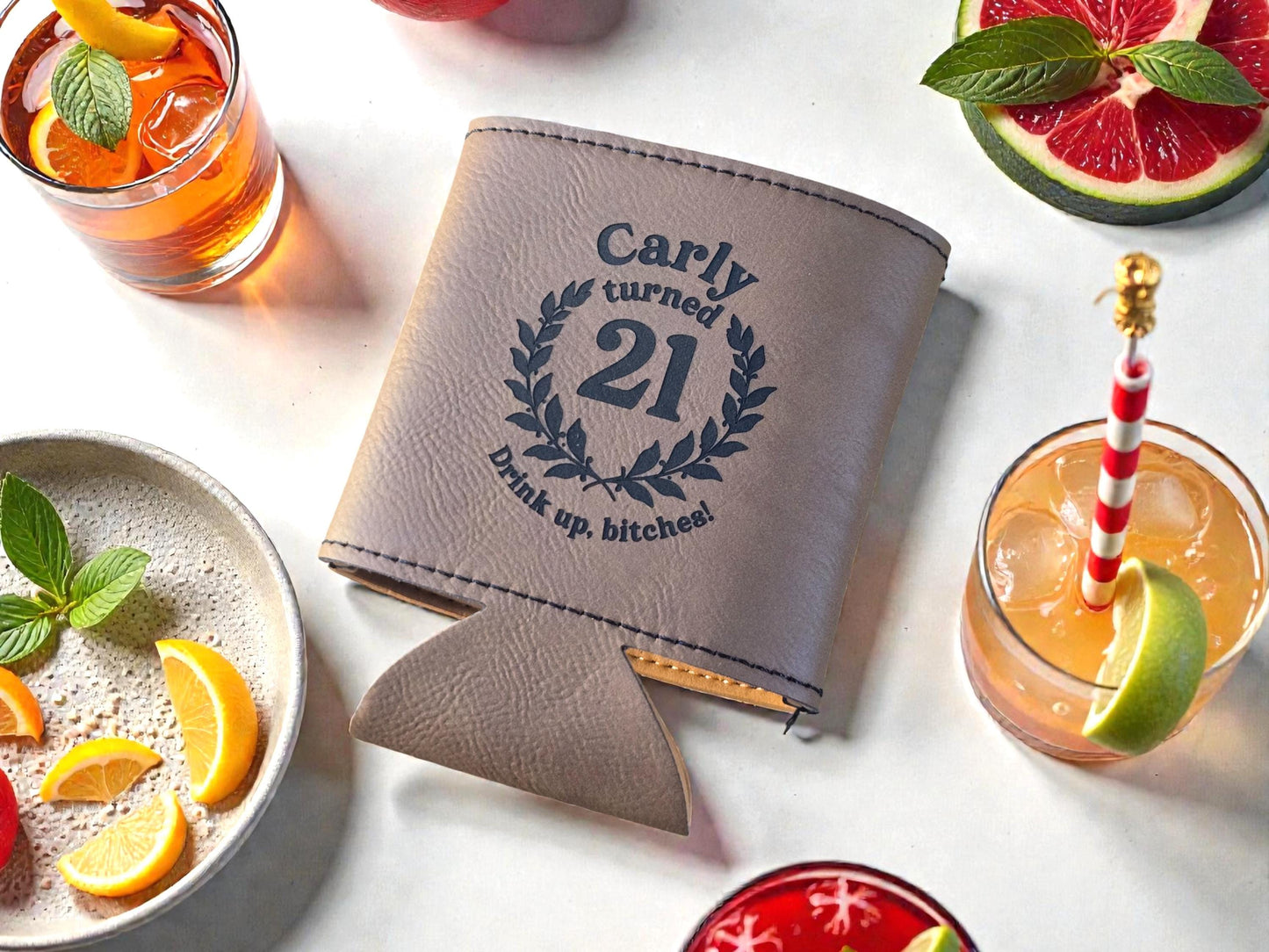 21st Birthday Party Favors, Custom Engraved Leatherette Can Holder, Bulk Party Favor Gift, Silver/Gold/Rawhide/Brown/Gray