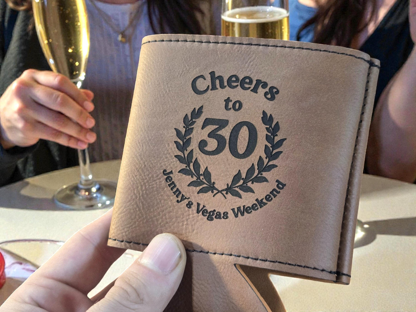 30th Birthday Party Favors, Custom Engraved Leatherette Can Holder, Bulk Party Favor Gift, Personalized Celebratory Gifts