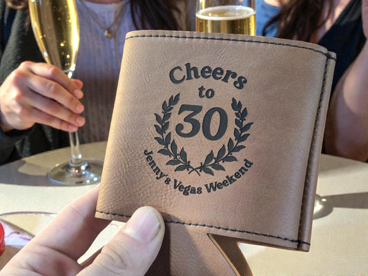 30th Birthday Party Favors, Custom Engraved Leatherette Can Holder, Bulk Party Favor Gift, Personalized Celebratory Gifts