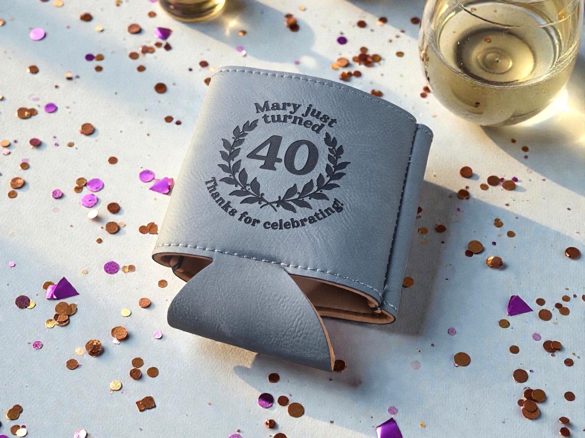 40th Birthday Party Favors, Custom Engraved Leatherette Can Holder, Bulk Party Favor Gift, Personalized Celebratory Gifts