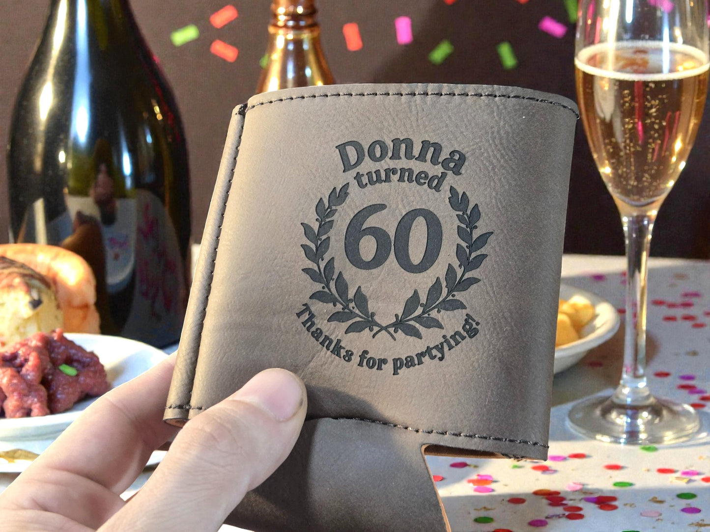 60th Birthday Party Favors, Custom Engraved Leatherette Can Holder, Bulk Party Favor Gift, Silver/Gold/Gray/Brown/Rawhide