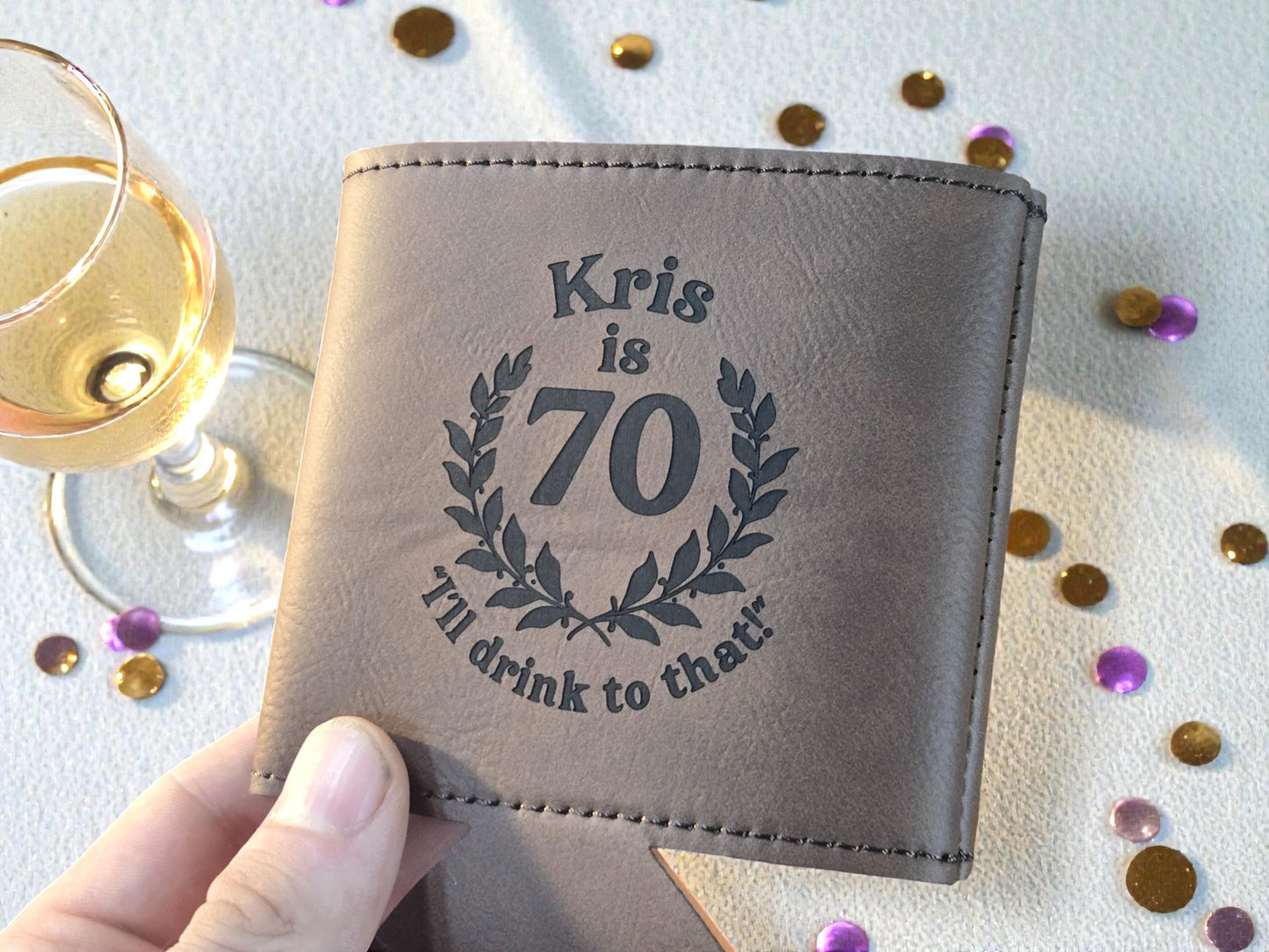 70th Birthday Party Favors, Custom Engraved Leatherette Can Holder, Bulk Party Favor Gift, Personalized Celebratory Gifts