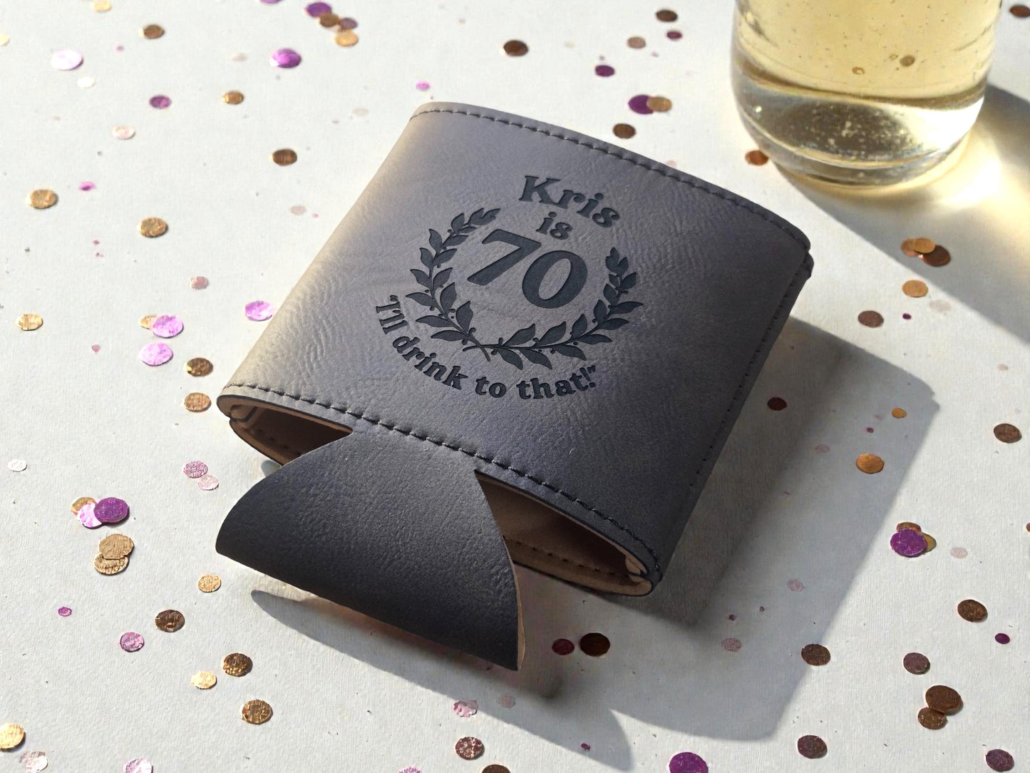 70th Birthday Party Favors, Custom Engraved Leatherette Can Holder, Bulk Party Favor Gift, Silver/Gold/Gray/Brown/Rawhide