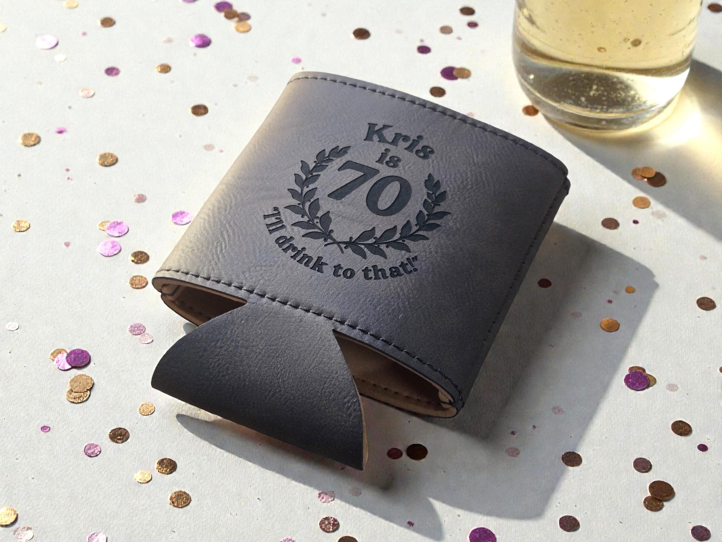 70th Birthday Party Favors, Custom Engraved Leatherette Can Holder, Bulk Party Favor Gift, Personalized Celebratory Gifts