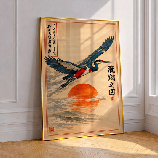 Japanese Cranes Wall Art, Ukiyo-e Vintage Poster, Red Sun Art Print, Oriental Bird Illustration, Zen Home Decor, Japandi Wall Decor, Gift