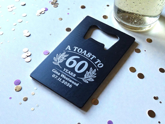 60th Birthday Party Favors, Personalized Engraved Black Card Bottle Opener, Bulk Party Gift Keepsakes, Custom Celebratory Milestone Gifts