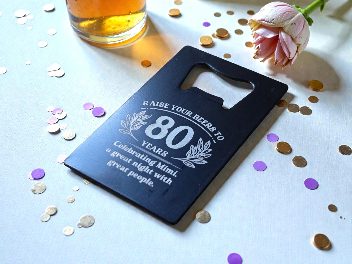 80th Birthday Party Favors, Personalized Engraved Black Card Bottle Opener, Bulk Party Gift Keepsakes, Custom Celebratory Milestone Gifts