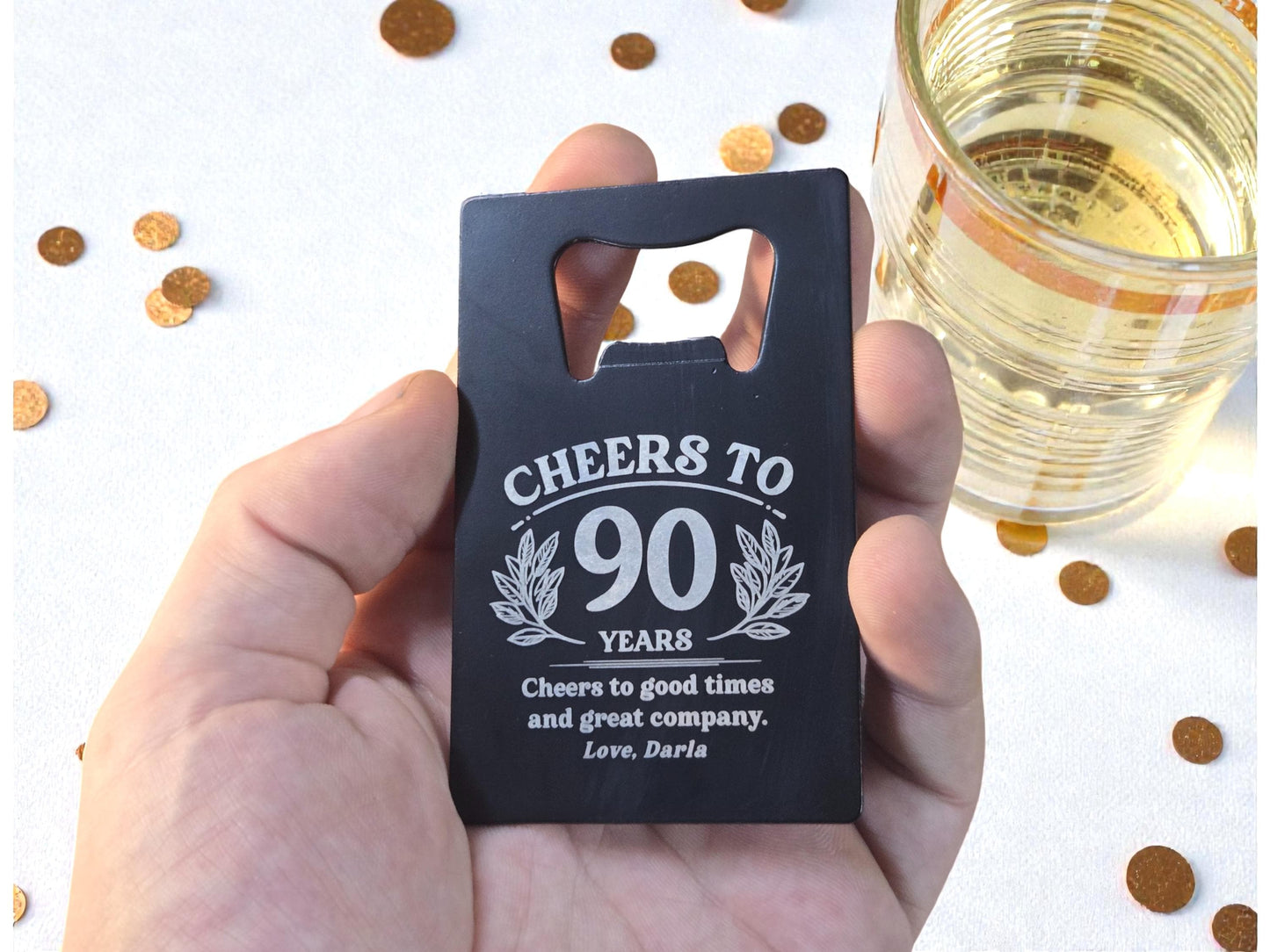 90th Birthday Party Favors, Personalized Engraved Black Card Bottle Opener, Bulk Party Gift Keepsakes, Custom Celebratory Milestone Gifts