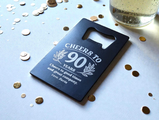 90th Birthday Party Favors, Personalized Engraved Black Card Bottle Opener, Bulk Party Gift Keepsakes, Custom Celebratory Milestone Gifts