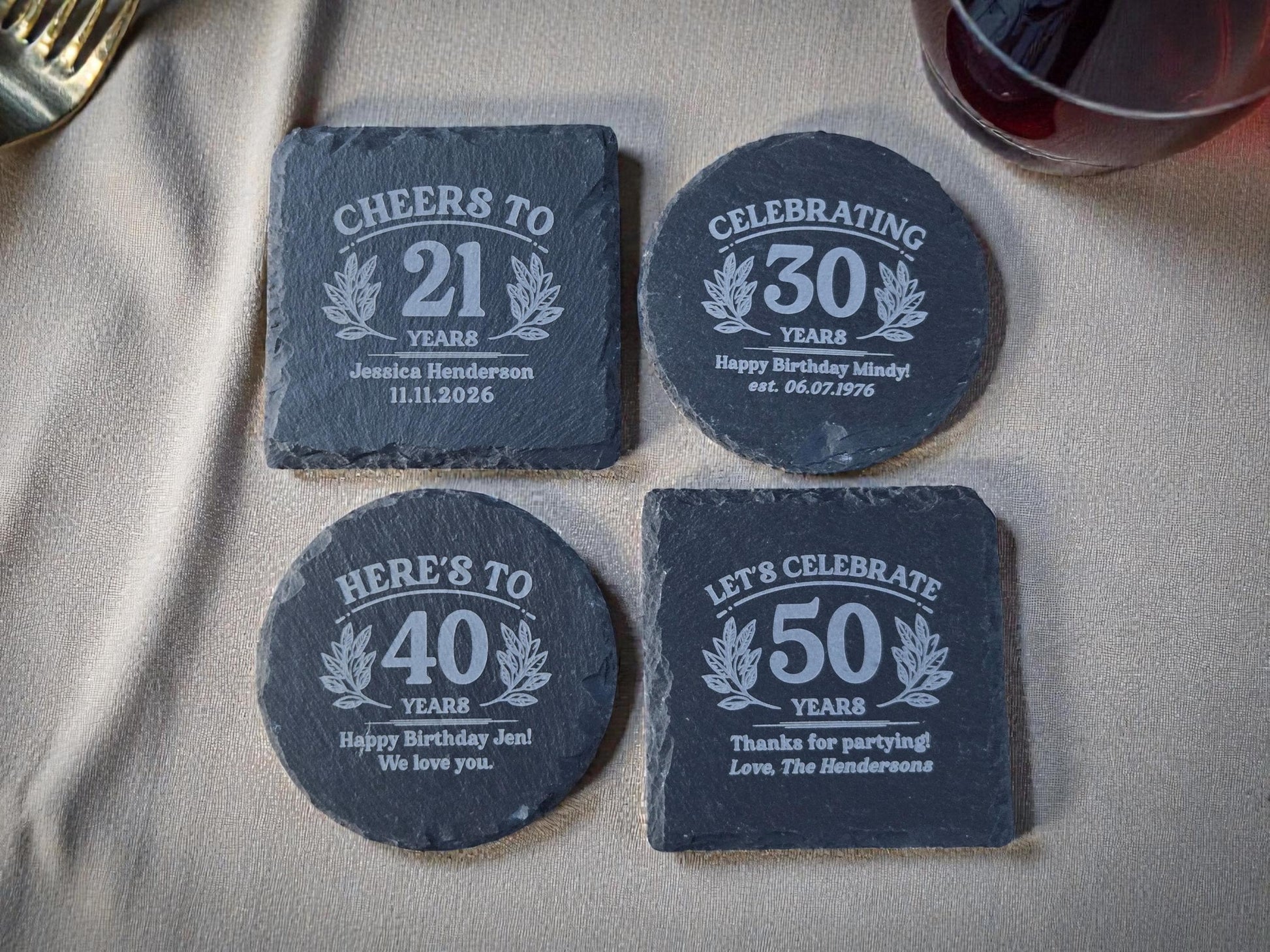40th Birthday Party Favors, Personalized Engraved Slate Coaster, Round Or Square, Bulk Celebratory Gift, Custom Birth Day Party Gifts