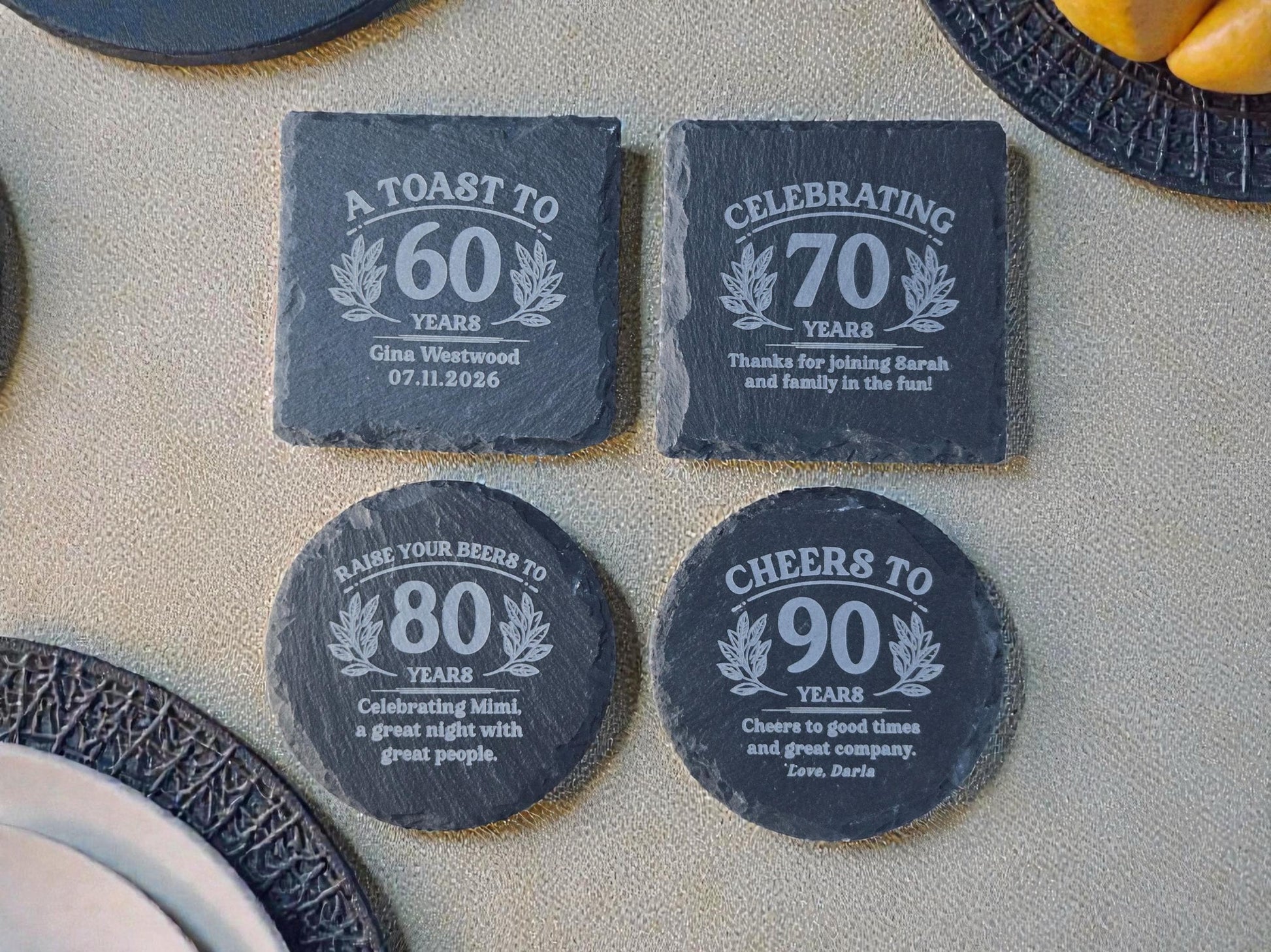 70th Birthday Party Favors, Personalized Engraved Slate Coaster, Round Or Square, Bulk Celebratory Gift, Custom Birth Day Party Gifts