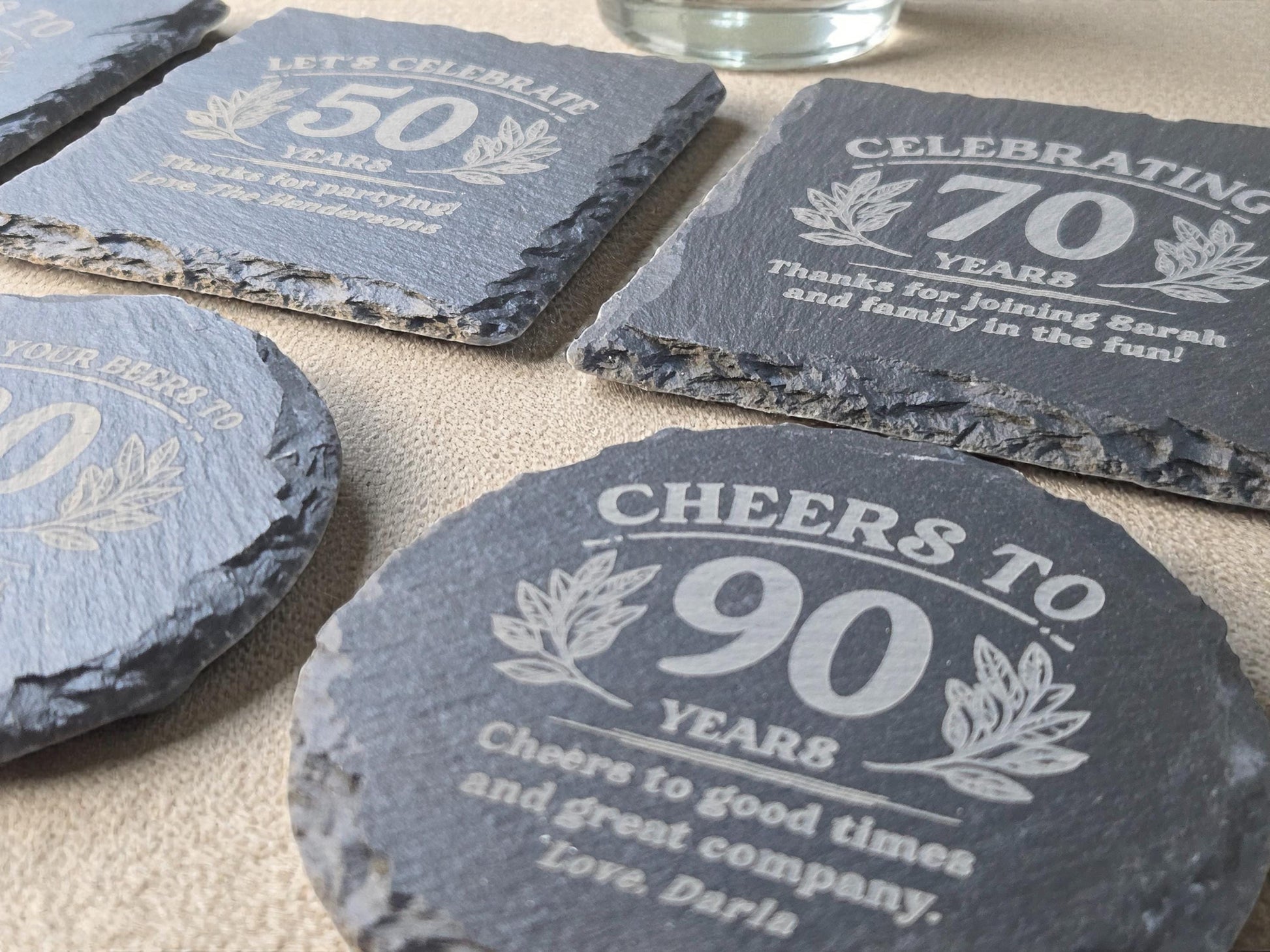 70th Birthday Party Favors, Personalized Engraved Slate Coaster, Round Or Square, Bulk Celebratory Gift, Custom Birth Day Party Gifts