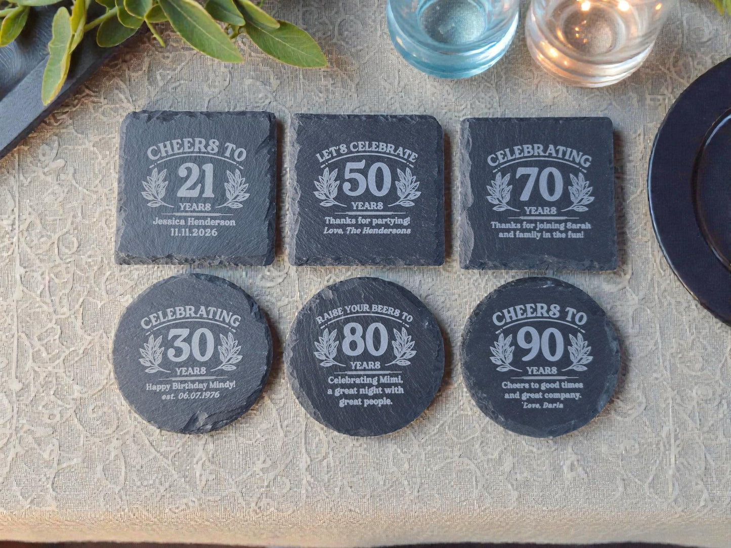 60th Birthday Party Favors, Personalized Engraved Slate Coaster, Round Or Square, Bulk Celebratory Gift, Custom Birth Day Party Gifts