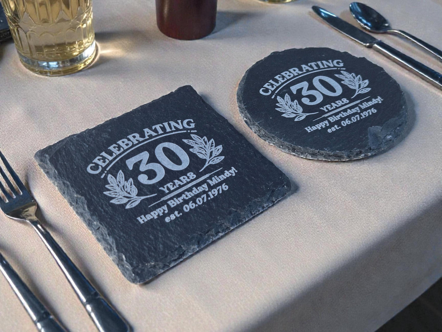 30th Birthday Party Favors, Personalized Engraved Slate Coaster, Round Or Square, Bulk Celebratory Gift, Custom Birth Day Party Gifts