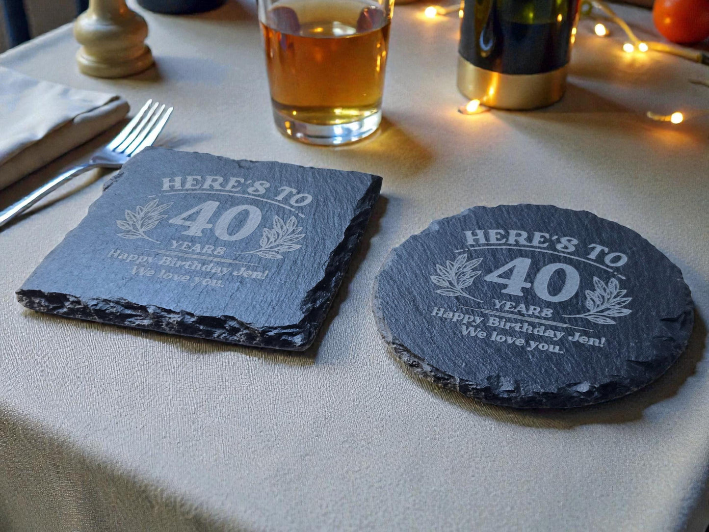 40th Birthday Party Favors, Personalized Engraved Slate Coaster, Round Or Square, Bulk Celebratory Gift, Custom Birth Day Party Gifts