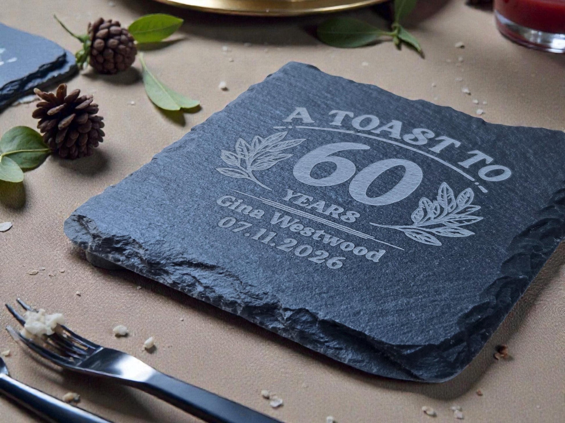 60th Birthday Party Favors, Personalized Engraved Slate Coaster, Round Or Square, Bulk Celebratory Gift, Custom Birth Day Party Gifts