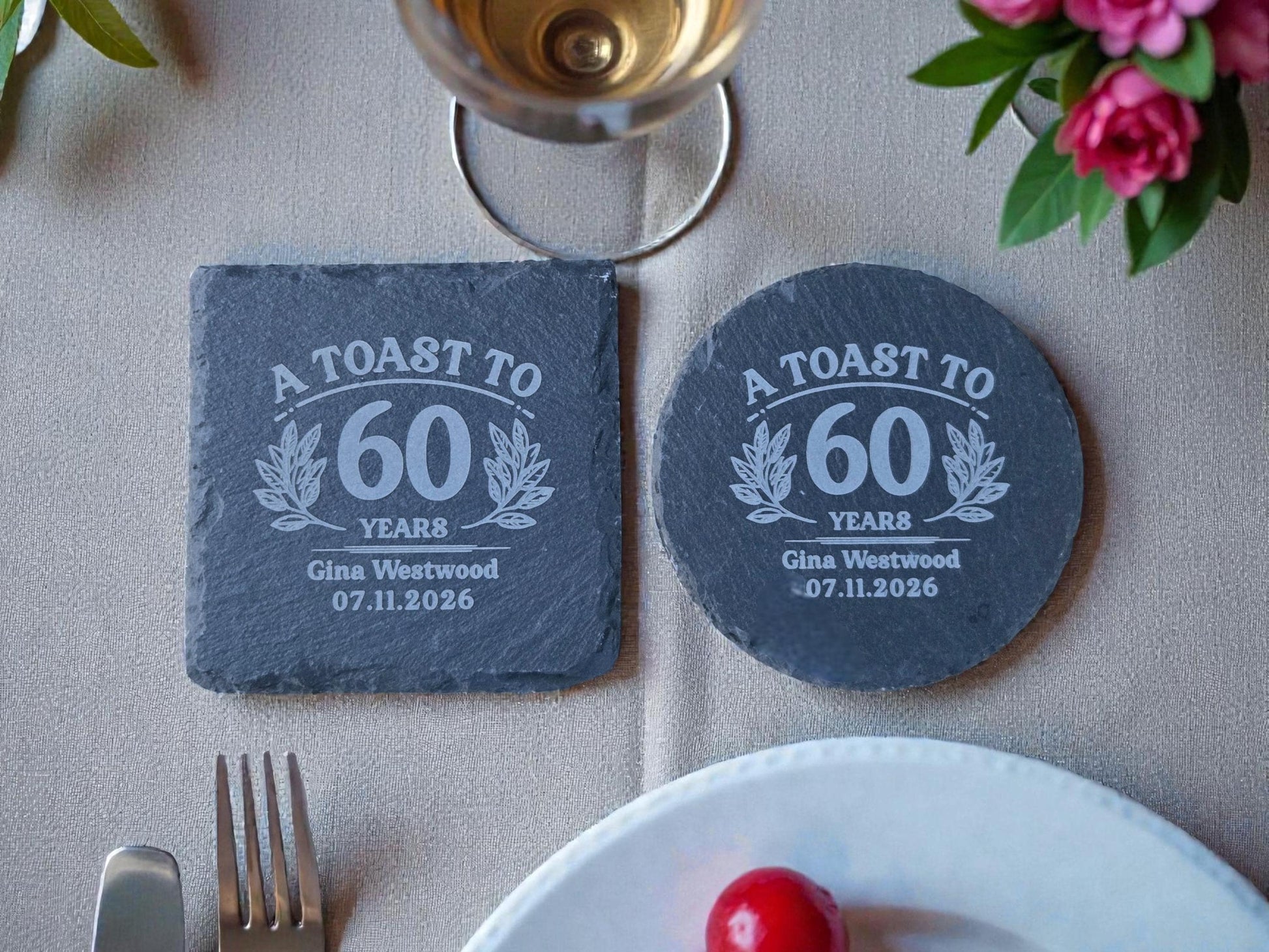 60th Birthday Party Favors, Personalized Engraved Slate Coaster, Round Or Square, Bulk Celebratory Gift, Custom Birth Day Party Gifts