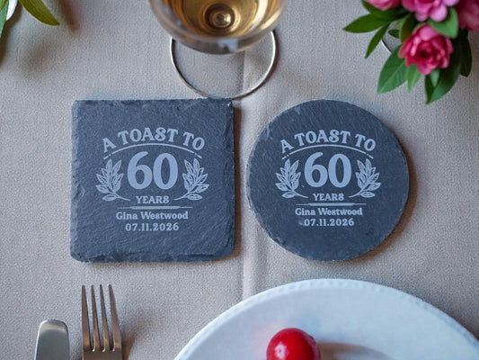 60th Birthday Party Favors, Personalized Engraved Slate Coaster, Round Or Square, Bulk Celebratory Gift, Custom Birth Day Party Gifts