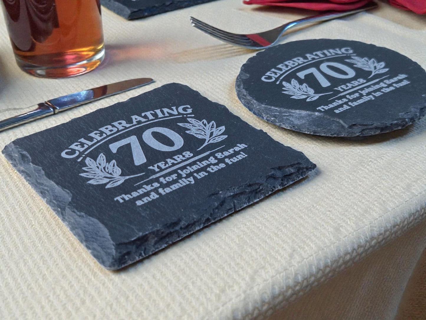 70th Birthday Party Favors, Personalized Engraved Slate Coaster, Round Or Square, Bulk Celebratory Gift, Custom Birth Day Party Gifts