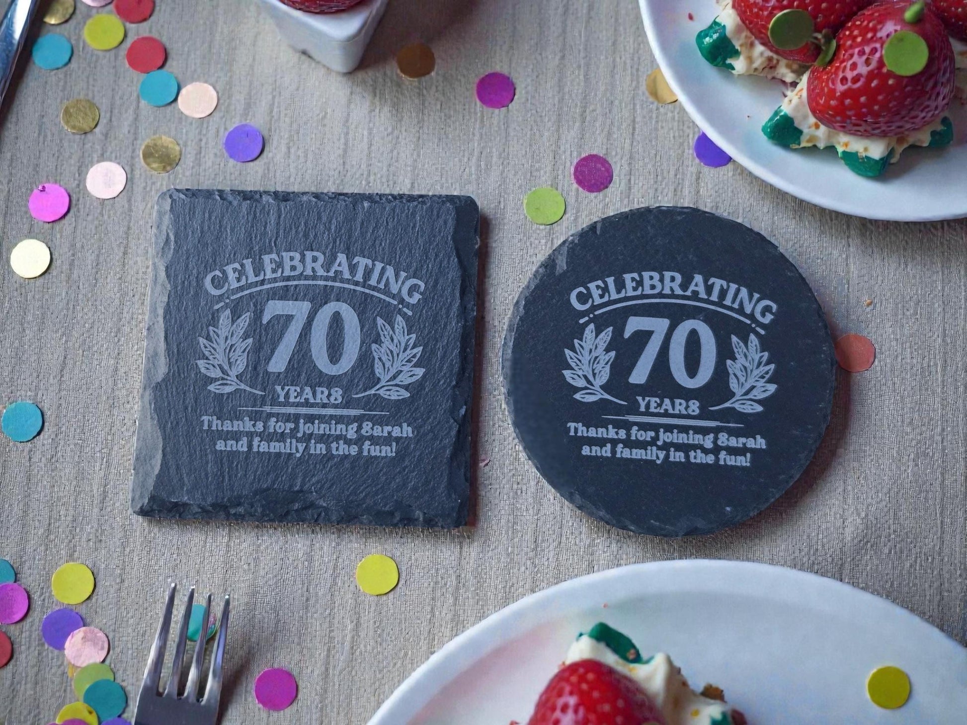 70th Birthday Party Favors, Personalized Engraved Slate Coaster, Round Or Square, Bulk Celebratory Gift, Custom Birth Day Party Gifts