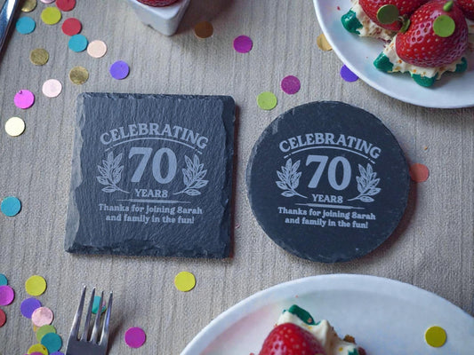 70th Birthday Party Favors, Personalized Engraved Slate Coaster, Round Or Square, Bulk Celebratory Gift, Custom Birth Day Party Gifts