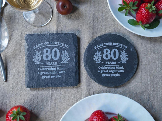 80th Birthday Party Favors, Personalized Engraved Slate Coaster, Round Or Square, Bulk Celebratory Gift, Custom Birth Day Party Gifts